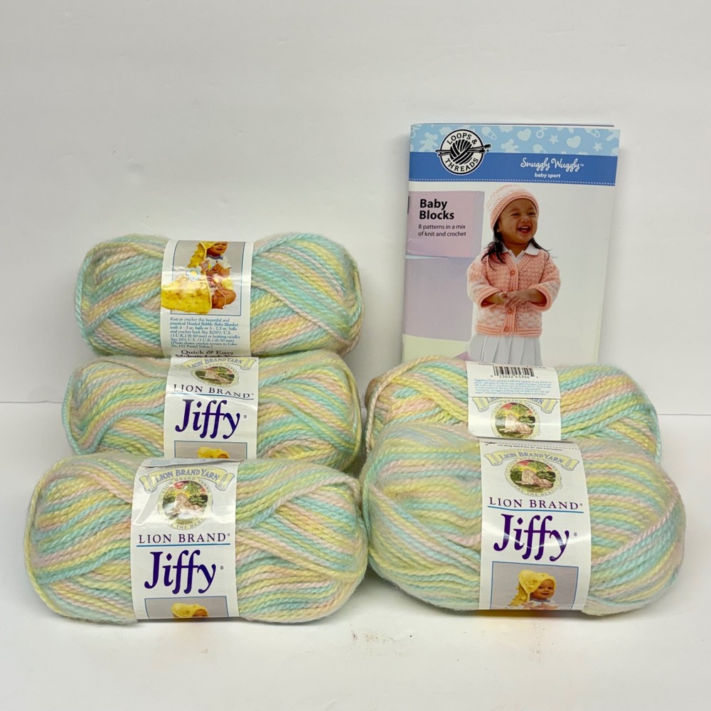Lion Brand Jiffy Yarn Acrylic Pastel 5 Skeins & Baby Sweater Pattern Book Vtg